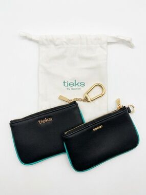 Tieks LE Black Leather Card Pouch Key Bag Charm with Teal Trim